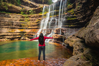 Rear view of man standing in waterfall