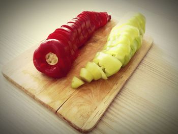 High angle view of bananas on cutting board