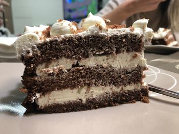 Close-up of chocolate cake in plate on table