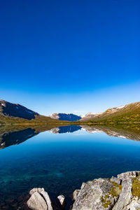 Scenic view of lake and mountains against clear blue sky