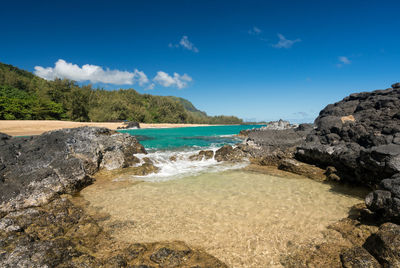 Scenic view of sea against blue sky