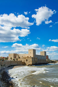 Buildings by sea against cloudy sky