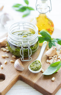 Fresh made pesto sauce. green basil pesto. ingredient for pesto sauce 