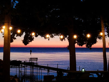 Silhouette trees by sea against sky at night