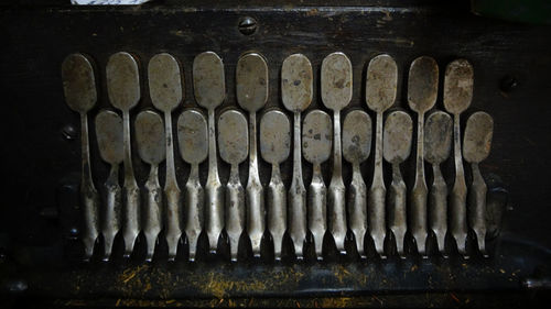 High angle view of old equipment in kitchen