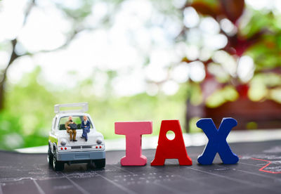 Close-up of toy car on table