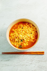 High angle view of soup in bowl on table