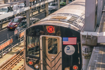 High angle view of train on street in city