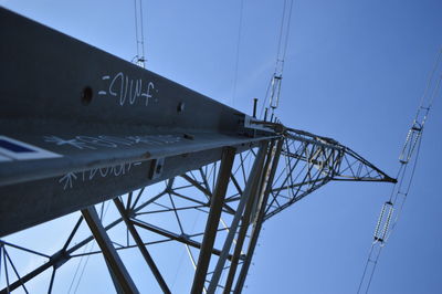 Low angle view of electricity pylon against clear sky
