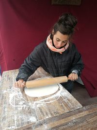 High angle view of girl on table