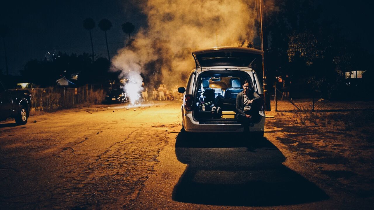 transportation, real people, land vehicle, mode of transport, night, men, tree, road, outdoors, sky, one person, people