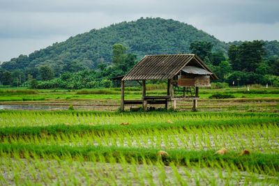 Built structure on agricultural field against sky