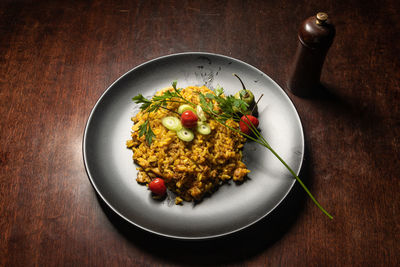 High angle view of food in plate on table