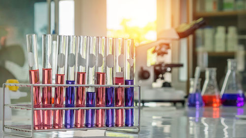 Close-up of test tubes on table