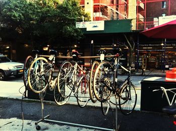 Bicycles parked by tree in city