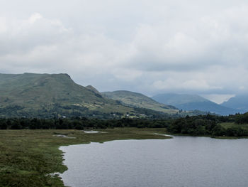 Scenic view of lake against cloudy sky