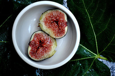 High angle view of fruits in bowl on table