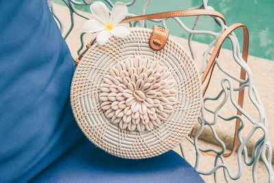 High angle view of wicker basket on table