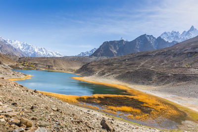 Scenic view of lake by mountains against sky