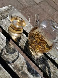 High angle view of wine glass on table