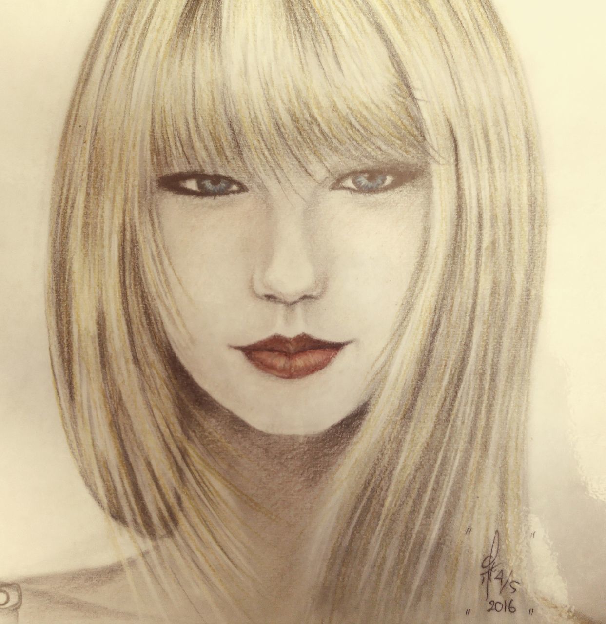 human hair, portrait, blond hair, hairstyle, one person, human face, headshot, long hair, drawing, women, adult, hair color, young adult, sketch, looking at camera, layered hair, nose, bangs, human head, studio shot, close-up, front view, indoors, bob cut, brown hair, fashion, wig, female, serious, human eye