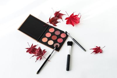 High angle view of red flower on white table