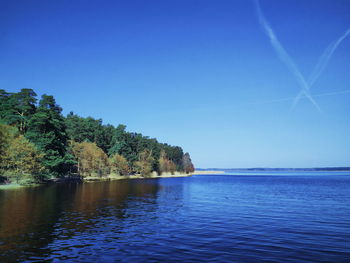 Scenic view of lake against clear blue sky