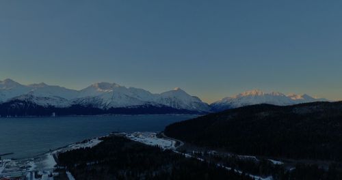 Scenic view of snowcapped mountains against clear sky