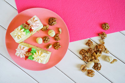 High angle view of breakfast on table