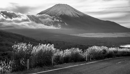 High angle view of fuji mountain from mountain road.