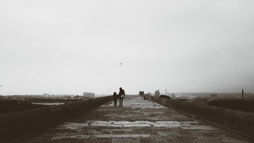 Silhouette people walking on shore against clear sky