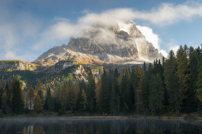 Scenic view of lake by mountains against sky