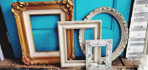 Close-up of wooden picture frames