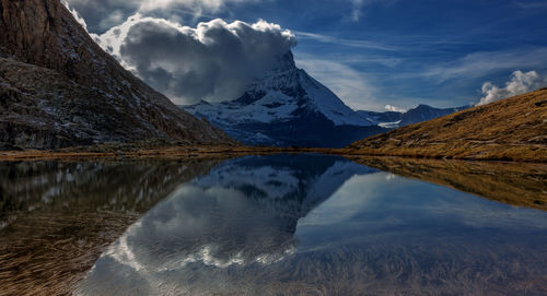 Scenic view of lake by snowcapped mountains against sky