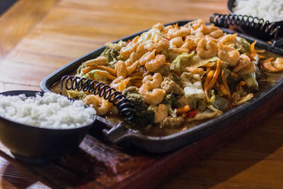 High angle view of food in bowl on table