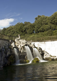 Scenic view of waterfall against sky