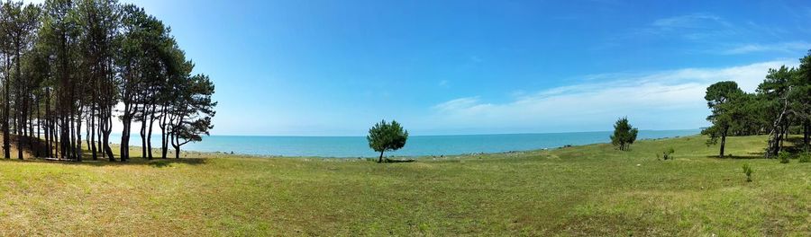 Scenic view of sea against clear blue sky