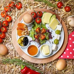 High angle view of breakfast on table