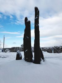 Scenic view of snow covered field against sky