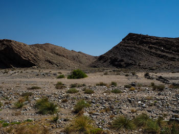 Scenic view of desert against clear blue sky