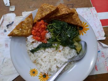 High angle view of food served in plate