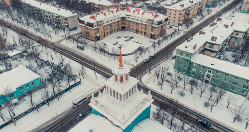 High angle view of buildings in city