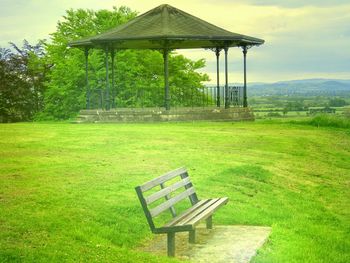 Empty bench on grassy field in park