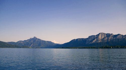 Scenic view of lake and mountains against clear sky