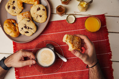 High angle view of breakfast served on table