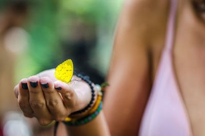 Midsection of woman with butterfly on hand
