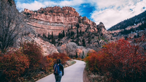 Rear view of person on mountain against sky during autumn