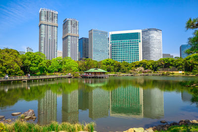 Reflection of trees and buildings in lake against blue sky