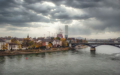 Bridge over river by buildings against sky in city