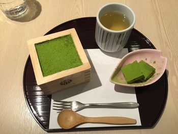 High angle view of breakfast on table